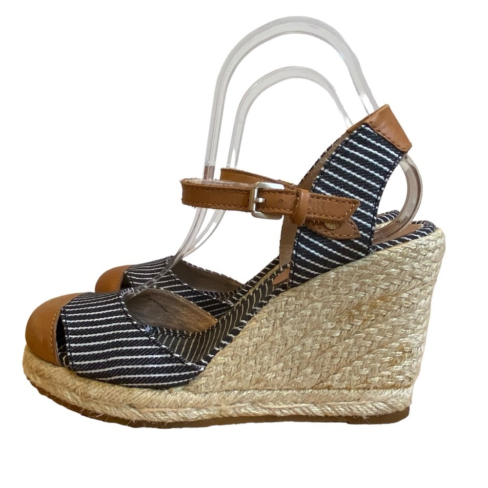 Tommy Bahama wedges sandal navy blue jute platform chesnut strappy leather 7.5